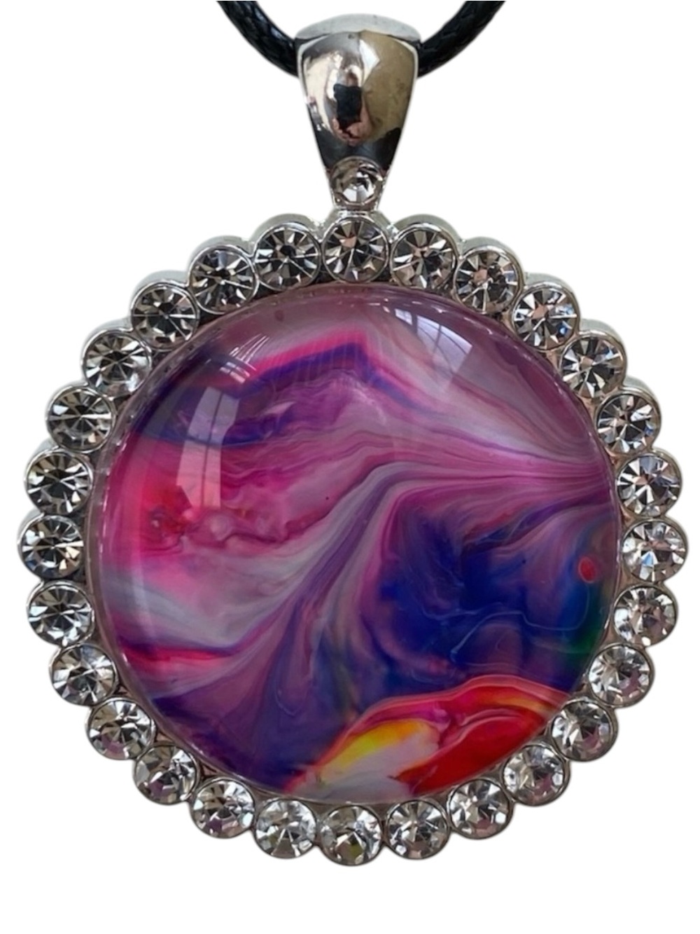 Hand Crafted Pink Purple Fluid Art Round Rhinestone Pendant Necklace